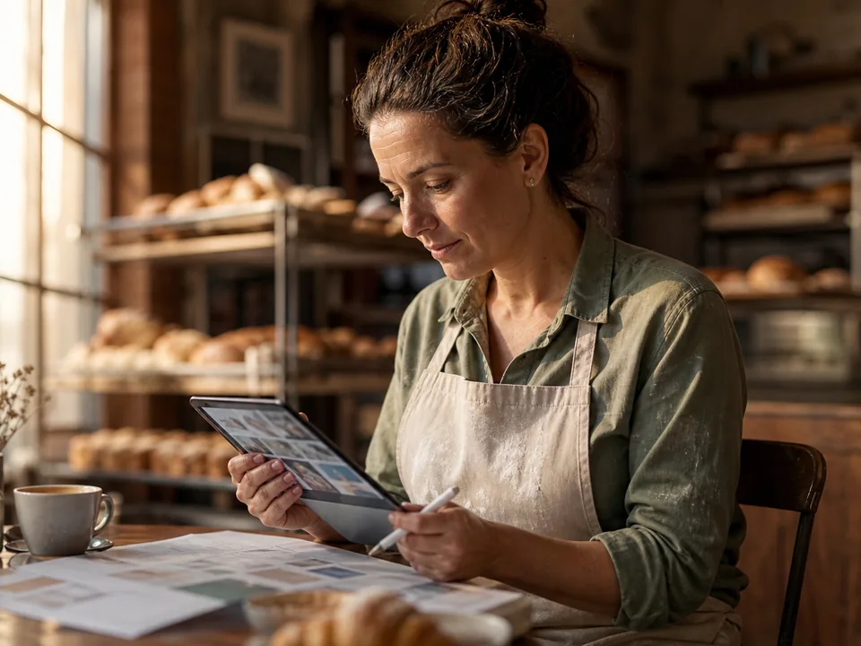 Bakery owner reviewing a month of drafted social posts on a tablet before approving them
