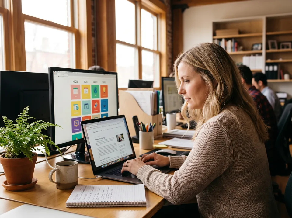 Marketer turning a published article into a week of scheduled social posts