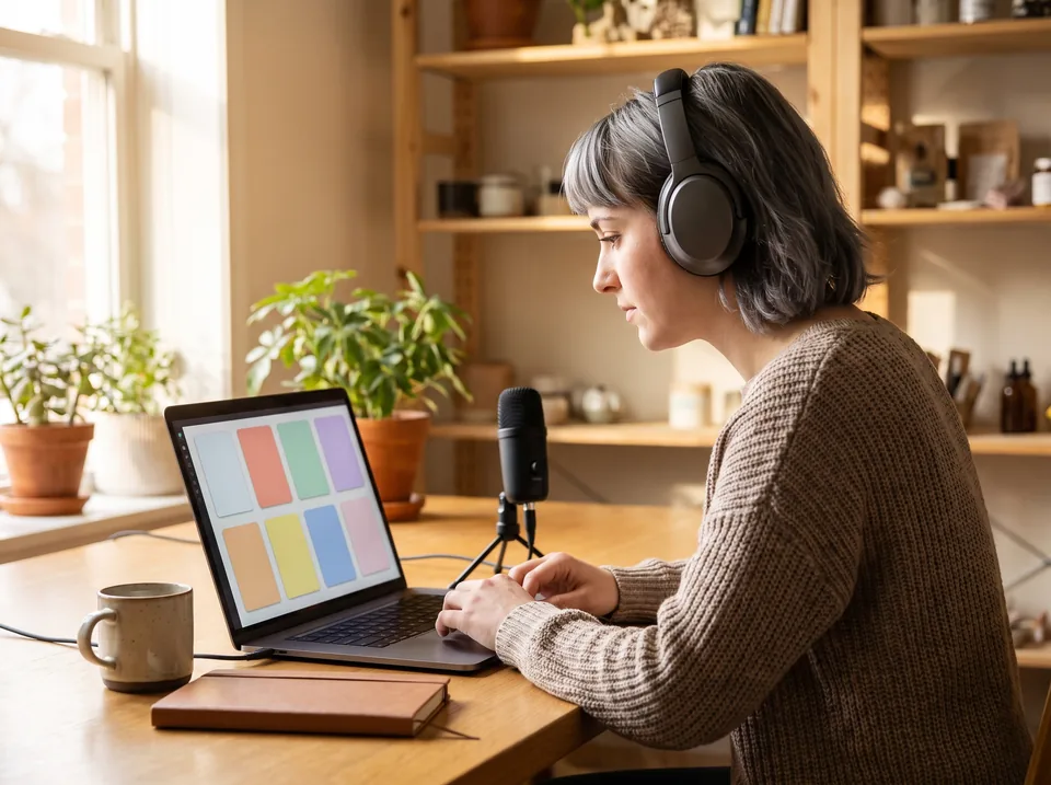 Small business owner planning a recurring social post schedule next to a podcast microphone