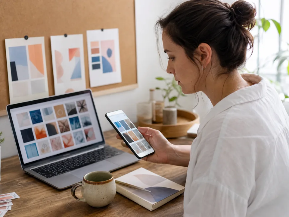 Freelance social media manager planning posts for several client brands on a laptop and a phone