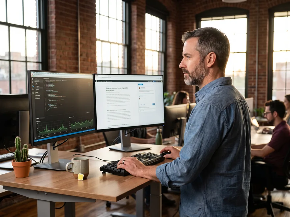 Startup founder reviewing a server dashboard and a draft social post side by side