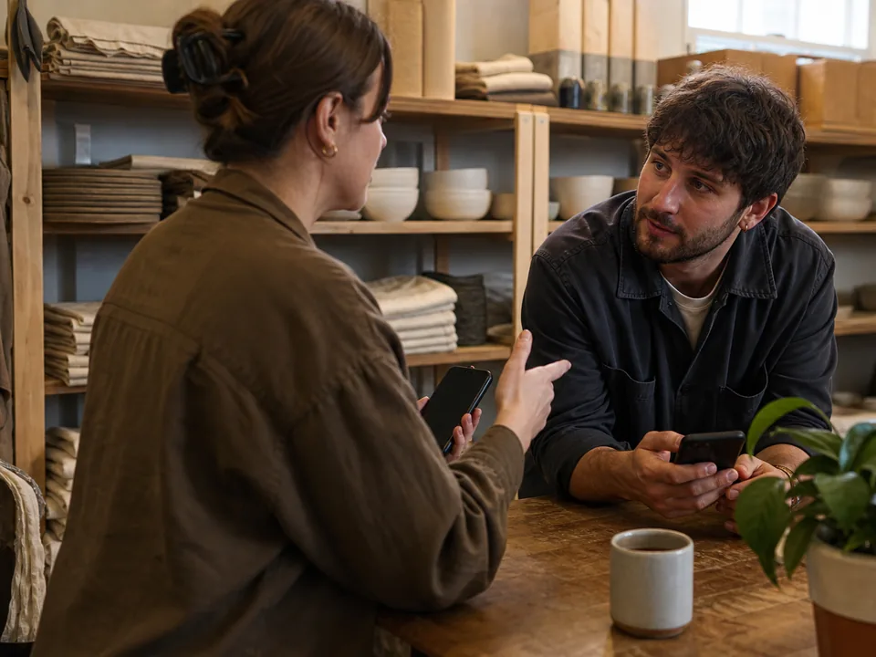 Social media manager and customer care specialist at a home goods store discussing customer replies on their phones