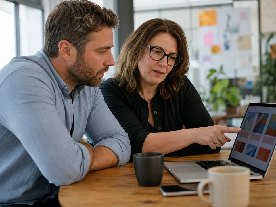 Agency account manager reviewing client social posts with a colleague before scheduling them