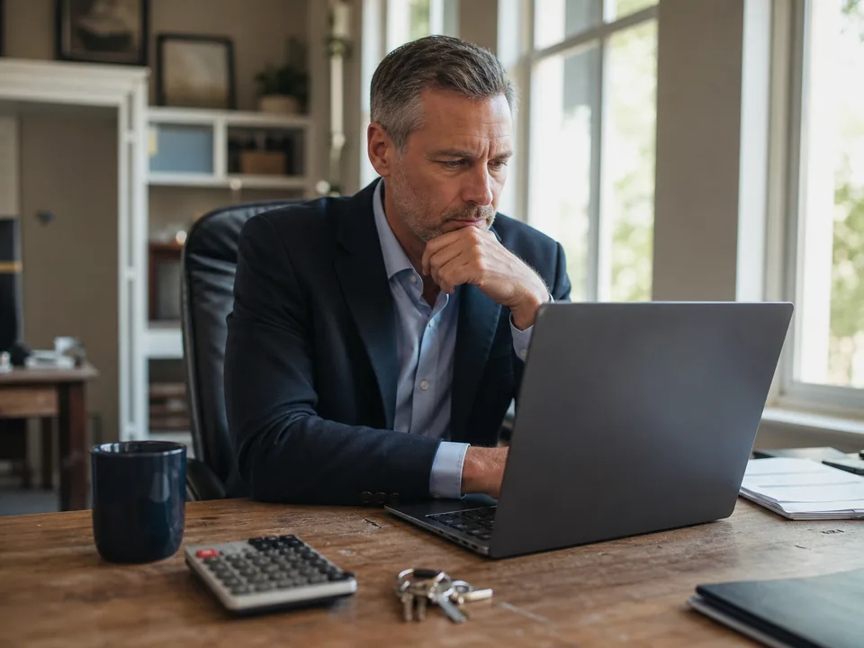 Real estate broker at his desk with a calculator and laptop, weighing the cost of a content subscription