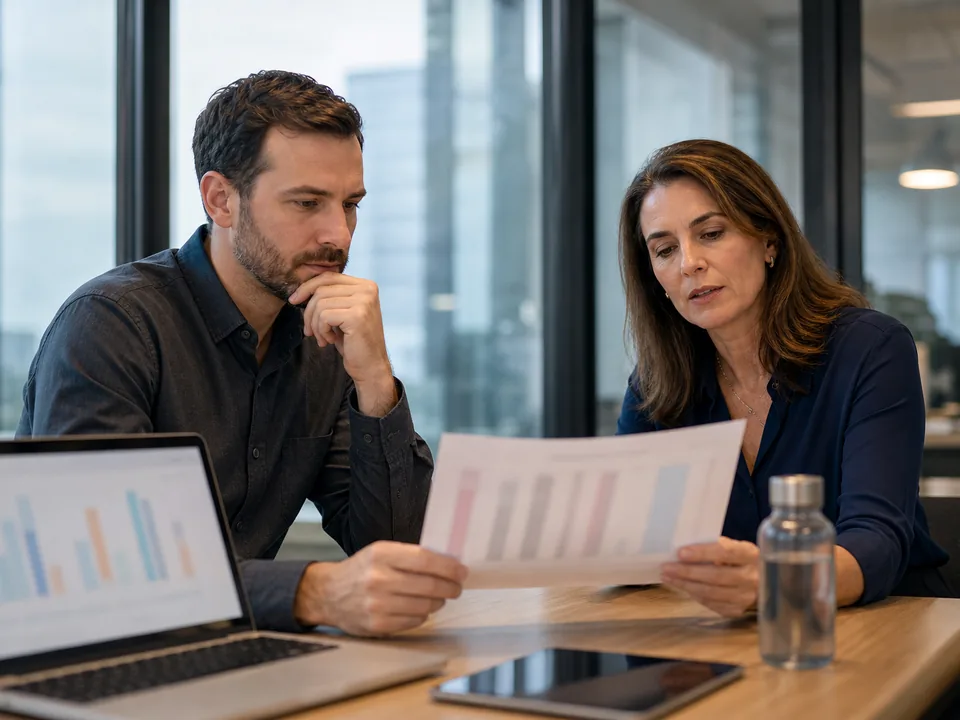 Social media team lead comparing per-seat software costs with a finance colleague in a meeting room