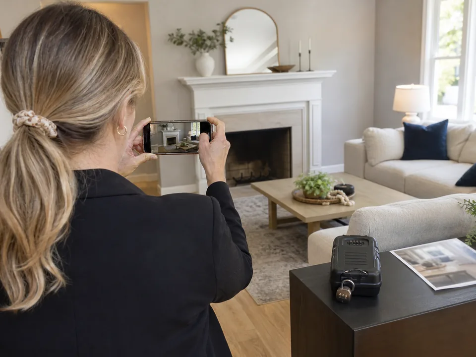 Real estate agent photographing a staged living room on her phone during a listing appointment